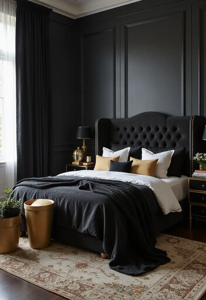 25 Bedroom Ideas with Black Furniture That Look Modern and Luxurious - 2. Black Furniture with Gold Accents
