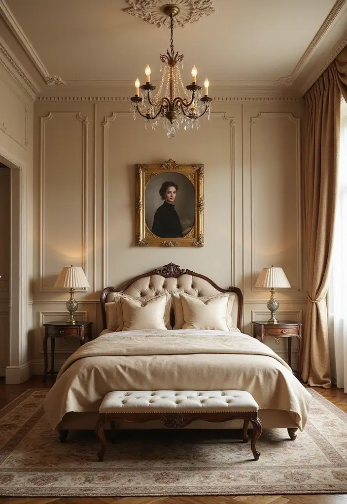 25 Beige Wall Bedroom Ideas That Add Warmth and Sophistication - 12. Vintage Glam