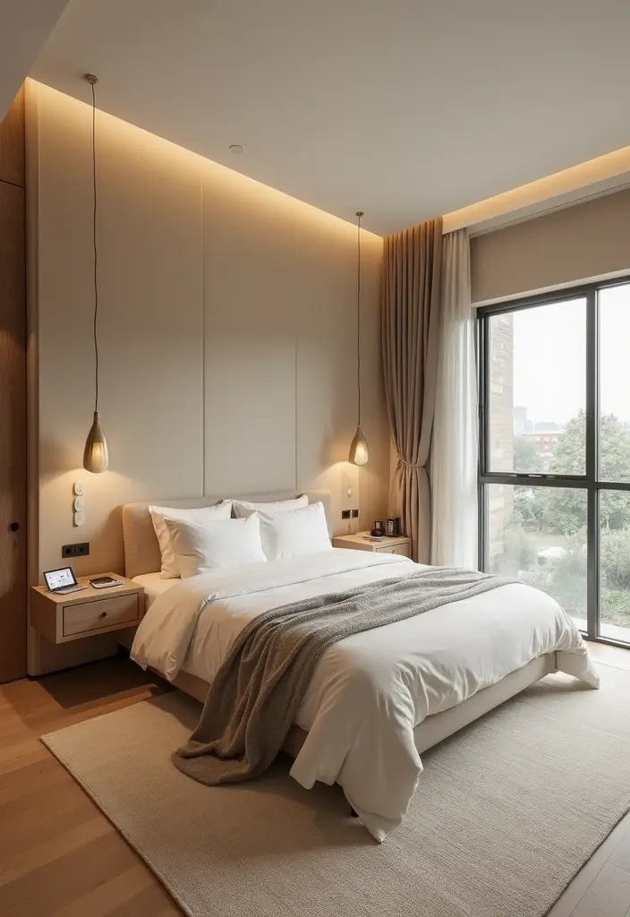 25 Beige Wall Bedroom Ideas That Add Warmth and Sophistication - 19. Integrated Technology
