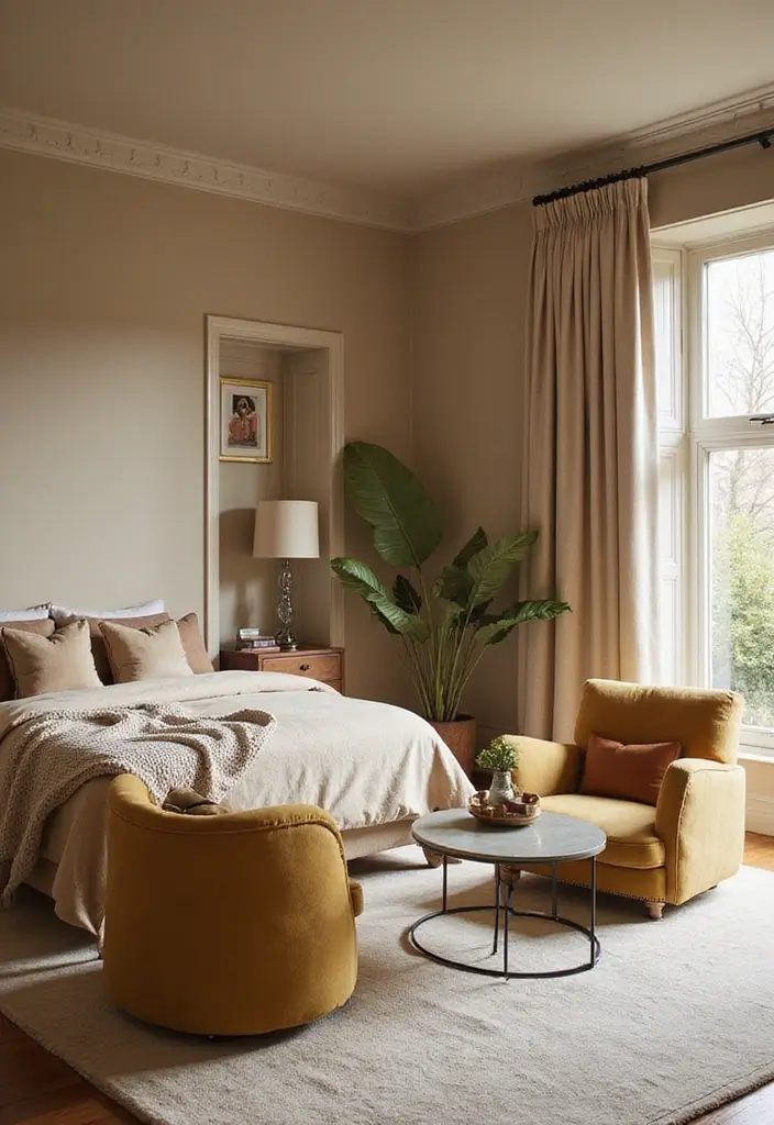 25 Beige Wall Bedroom Ideas That Add Warmth and Sophistication - 24. Statement Furniture