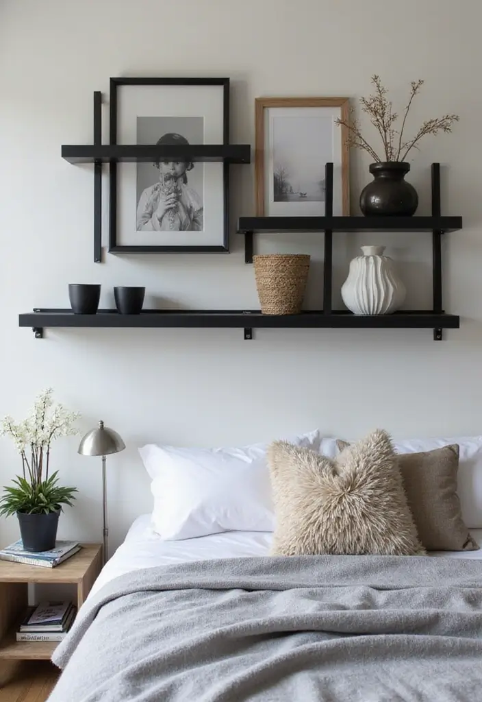 25 Black and Silver Bedroom Ideas That Feel Glamorous & Modern - 14. Decorative Black and Silver Wall Shelves