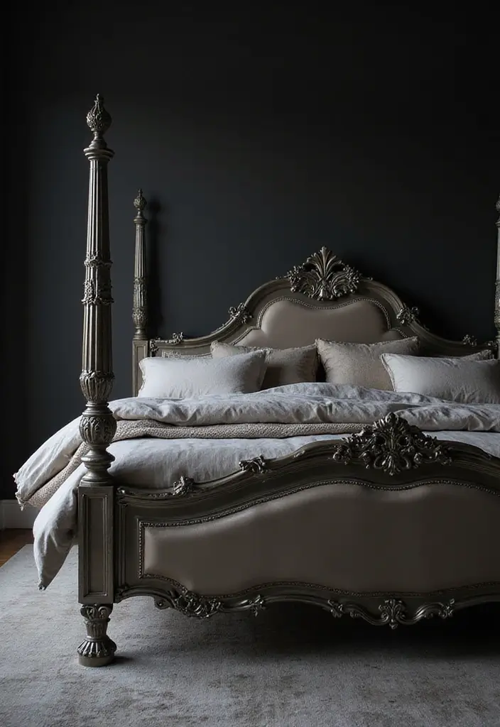 25 Black and Silver Bedroom Ideas That Feel Glamorous & Modern - 6. Statement Silver Bed Frame