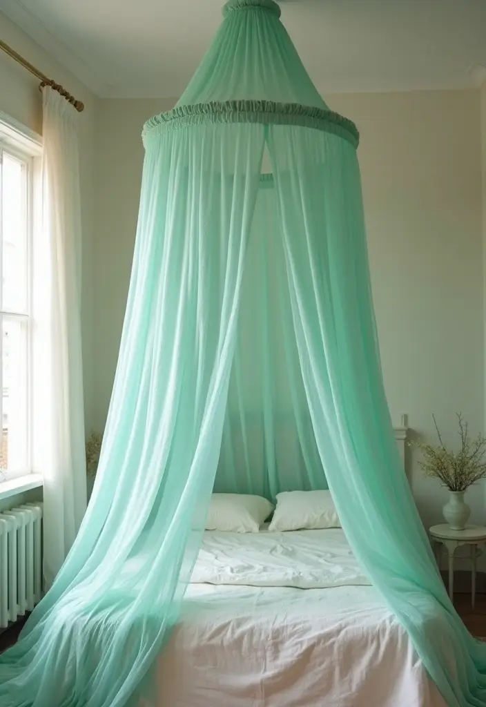 25 Mint Green Bedroom Ideas That Feel Cool & Refreshing - 14. Mint Green Bed Canopy
