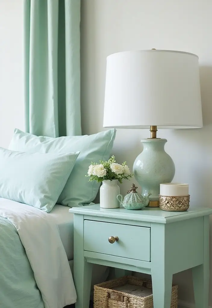 25 Mint Green Bedroom Ideas That Feel Cool & Refreshing - 17. Mint Green Bedside Table Decor