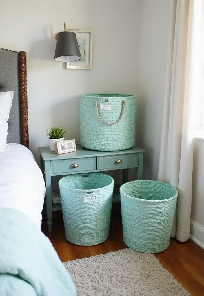 25 Mint Green Bedroom Ideas That Feel Cool & Refreshing - 22. Mint Green Woven Baskets