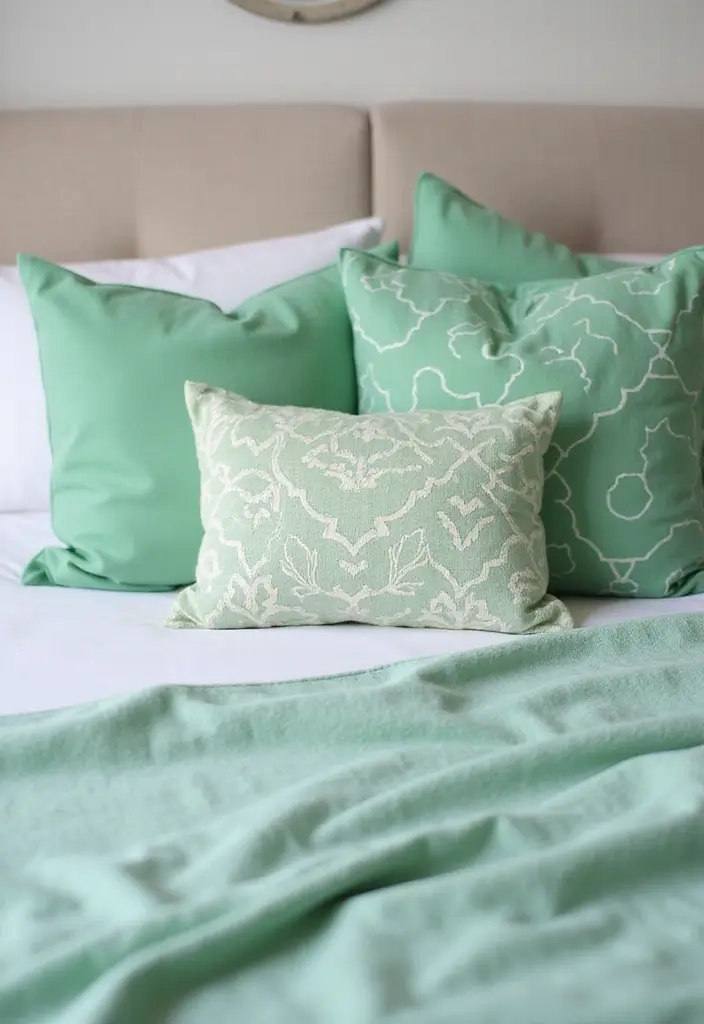 25 Pastel Green Bedroom Ideas That Are Soft and Soothing - 13. Pastel Green Accent Pillows