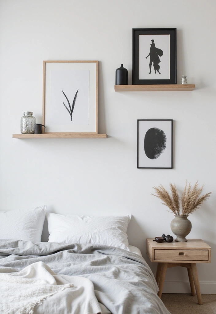 25 Picture Wall Ideas Bedroom Aesthetic Black and White That Inspire You - 22. Floating Shelves with Art