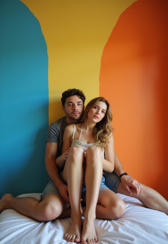 25 Spicy Couples Photoshoot Ideas in Bedroom That Turn Up the Heat - 10. Against a Bold Wall
