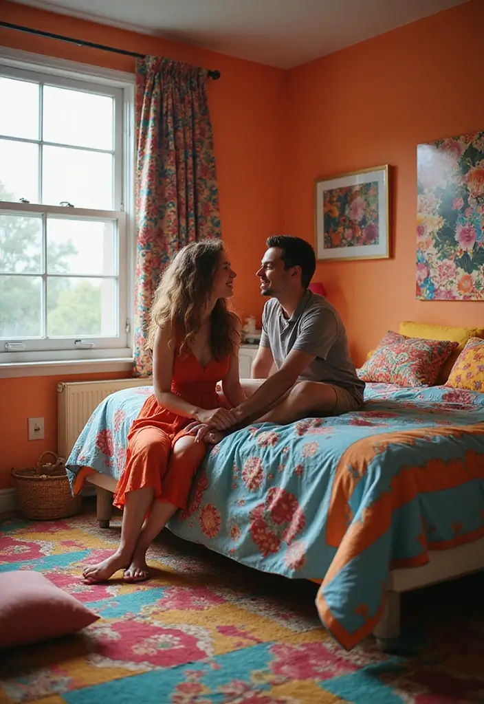 25 Spicy Couples Photoshoot Ideas in Bedroom That Turn Up the Heat - 18. Bold Colors and Patterns