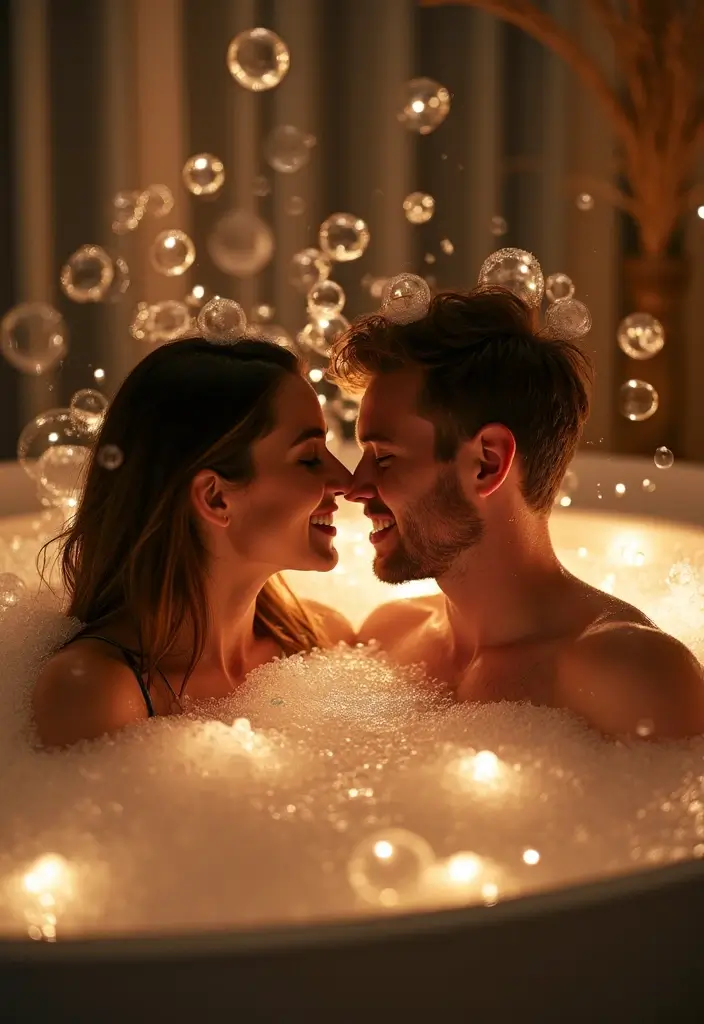 25 Spicy Couples Photoshoot Ideas in Bedroom That Turn Up the Heat - 19. Bubbles and Bath Time Fun