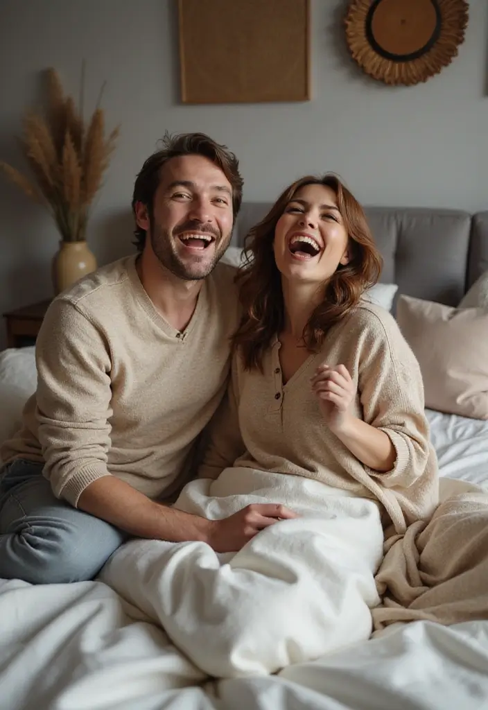 25 Spicy Couples Photoshoot Ideas in Bedroom That Turn Up the Heat - 25. Joyful Laughs