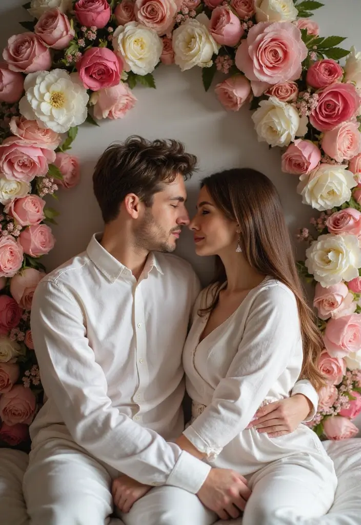 25 Spicy Couples Photoshoot Ideas in Bedroom That Turn Up the Heat - 8. Lush Floral Background
