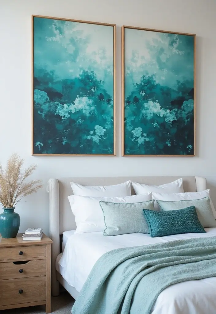 25 Turquoise Bedroom Ideas for Adults That Calm the Soul - 4. Accentuating with Turquoise Artwork