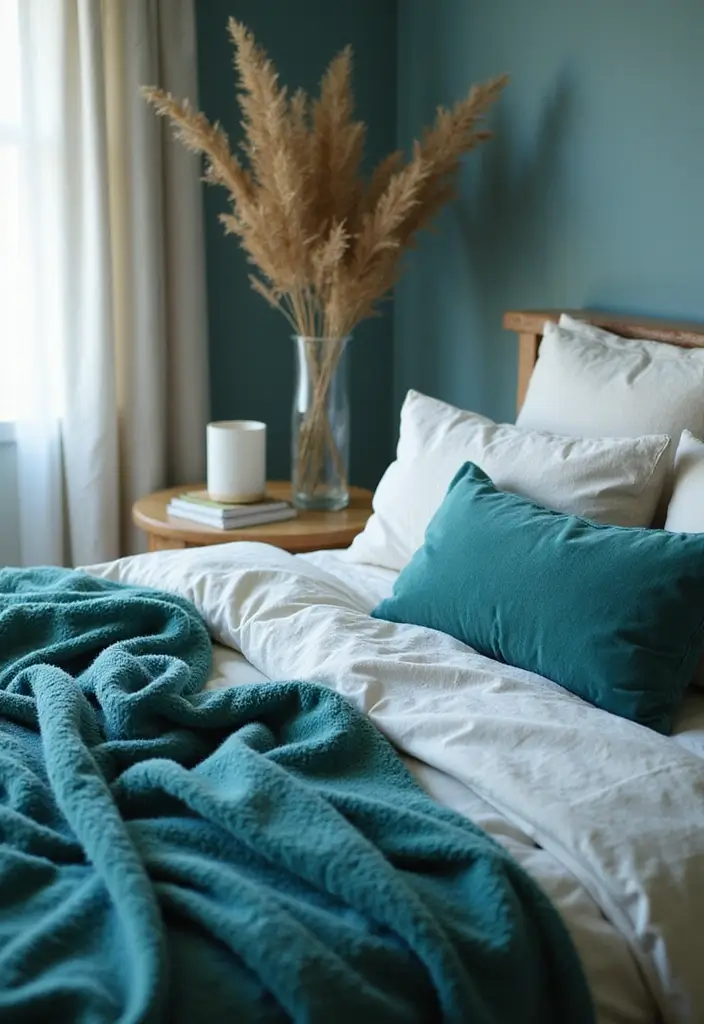 25 Turquoise Bedroom Ideas for Adults That Calm the Soul - 9. Layered Textures for a Cozy Feel