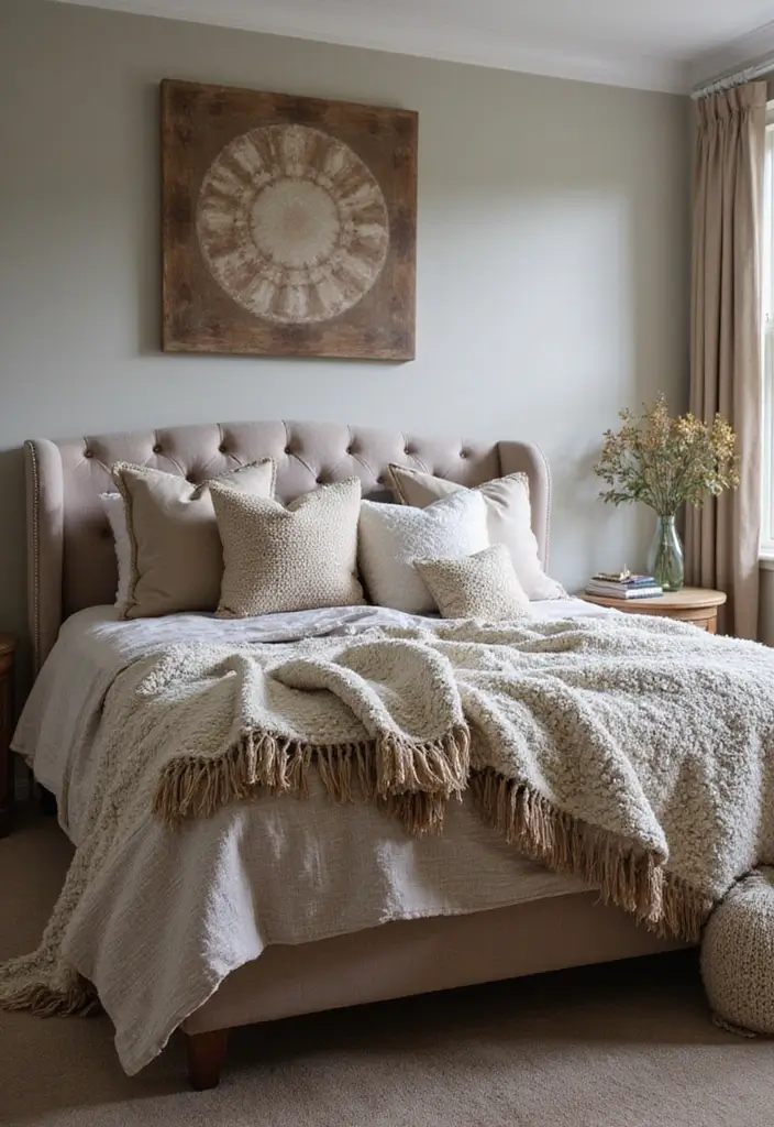 25 Upholstered Beds Bedroom Ideas That Feel Luxe and Cozy - 15. Softly Layered Textures