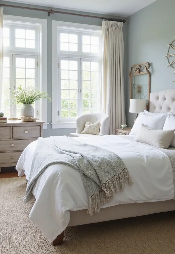 25 Upholstered Beds Bedroom Ideas That Feel Luxe and Cozy - 18. Coastal Vibes with Light Fabrics