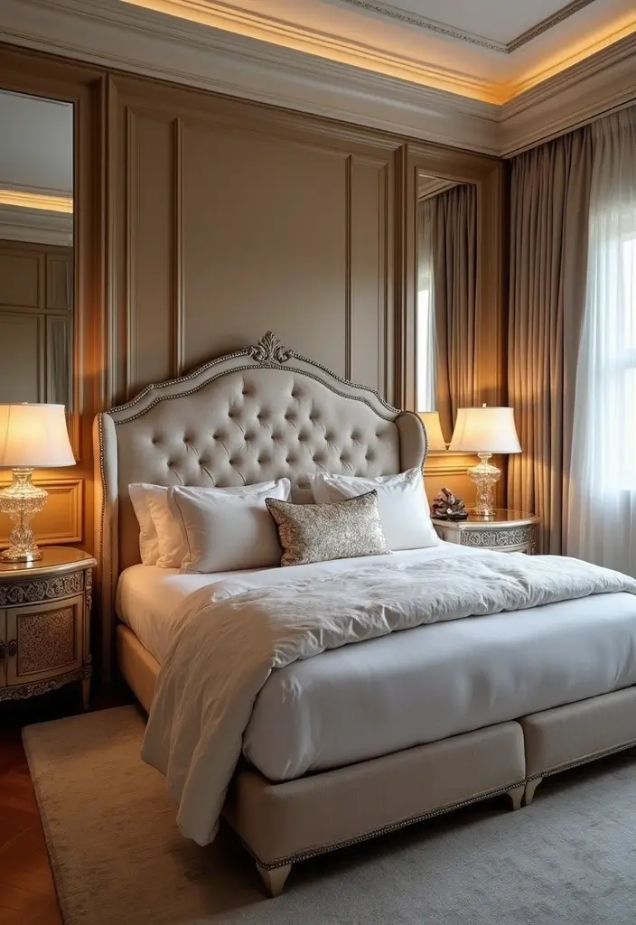 25 Upholstered Beds Bedroom Ideas That Feel Luxe and Cozy - 8. Glamorous Metallic Accents