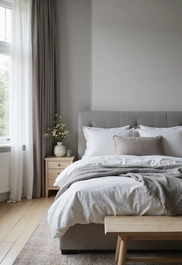30 Bedroom Ideas with Grey Bed That Look Chic and Balanced - 1. Elegant Grey Upholstered Bed