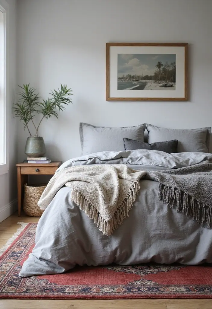 30 Bedroom Ideas with Grey Bed That Look Chic and Balanced - 19. Layered Rugs for Texture