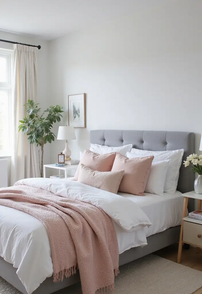 30 Bedroom Ideas with Grey Bed That Look Chic and Balanced - 23. Grey Bed with Soft Pastel Accents