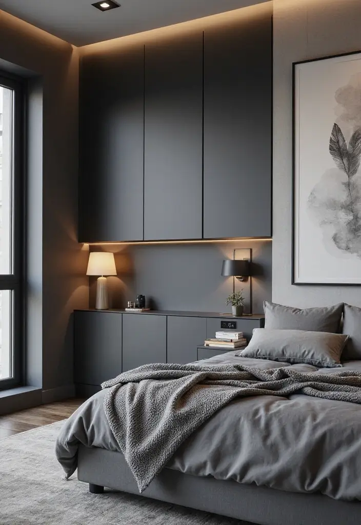 30 Bedroom Ideas with Grey Bed That Look Chic and Balanced - 25. Incorporating Technology with Style
