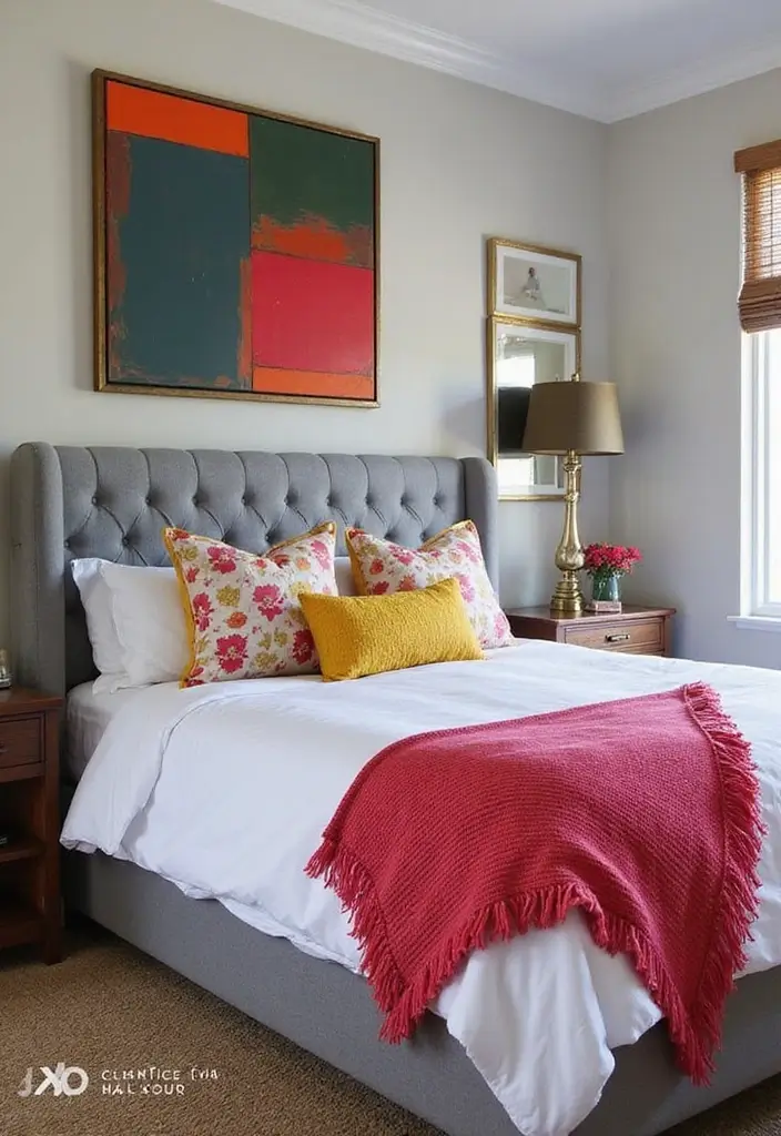 30 Bedroom Ideas with Grey Bed That Look Chic and Balanced - 6. Grey Bed with Bright Accents