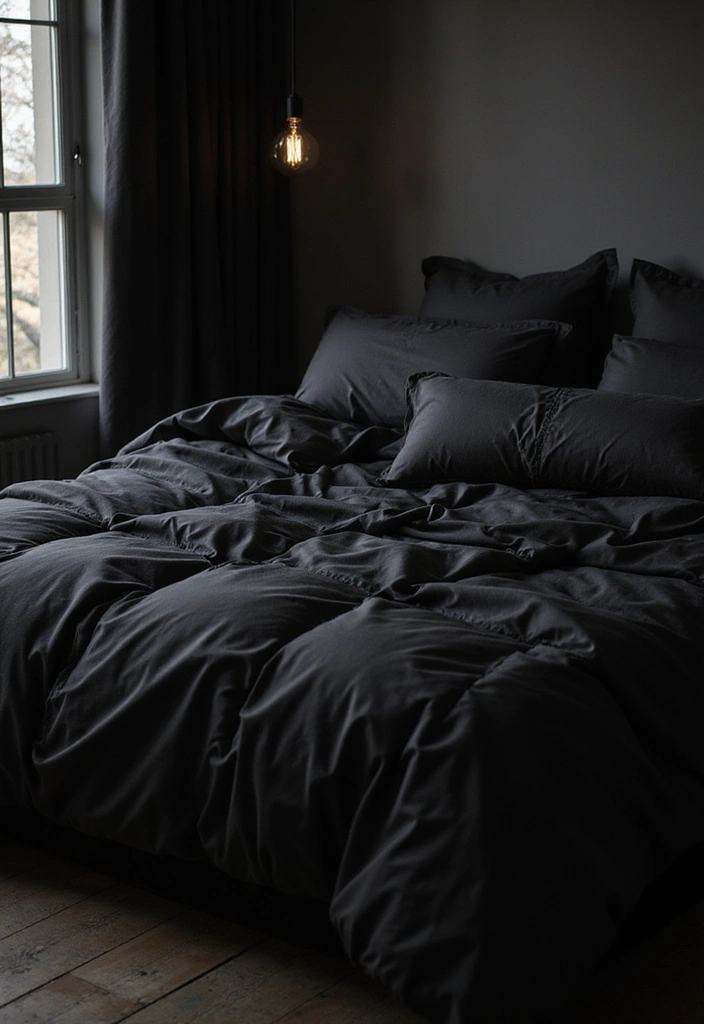 30 Black Aesthetic Bedroom Ideas That Are Sleek and Stylish - 12. Luxurious Bedding