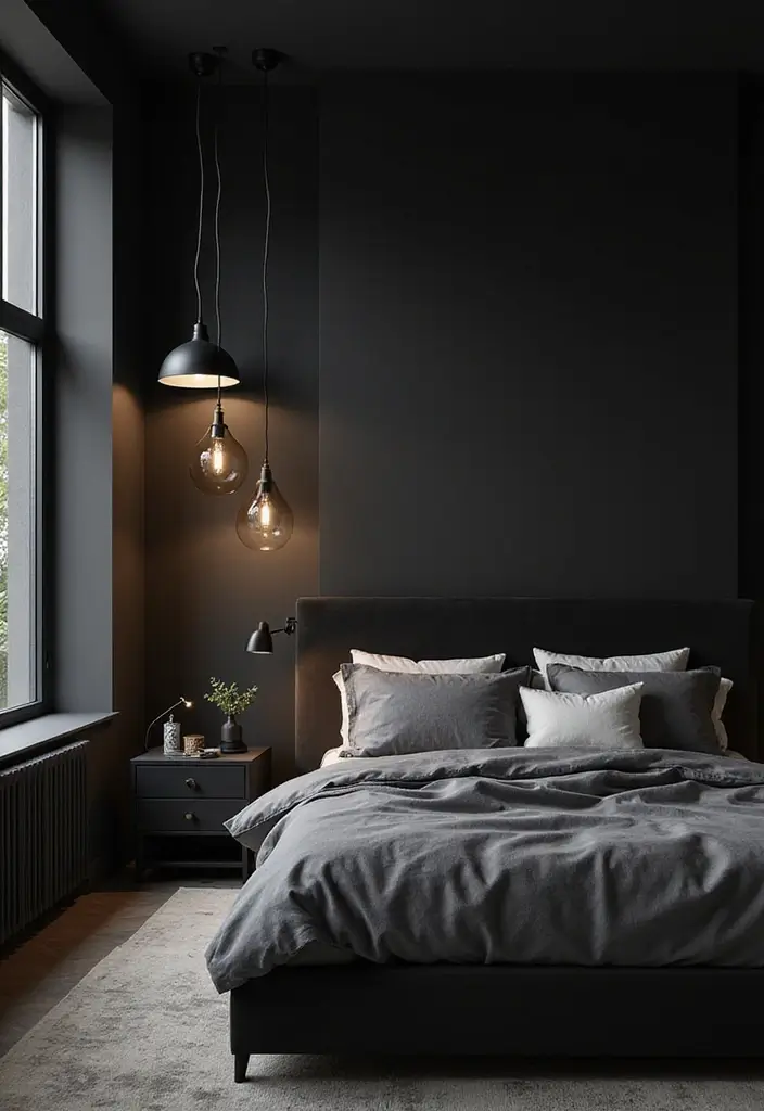 30 Black Aesthetic Bedroom Ideas That Are Sleek and Stylish - 16. Modern Lighting Fixtures