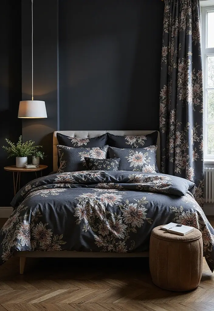30 Black Aesthetic Bedroom Ideas That Are Sleek and Stylish - 19. Printed Fabrics
