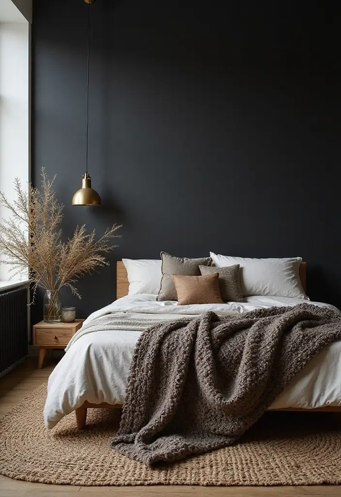 30 Black Aesthetic Bedroom Ideas That Are Sleek and Stylish - 23. Warm Textiles