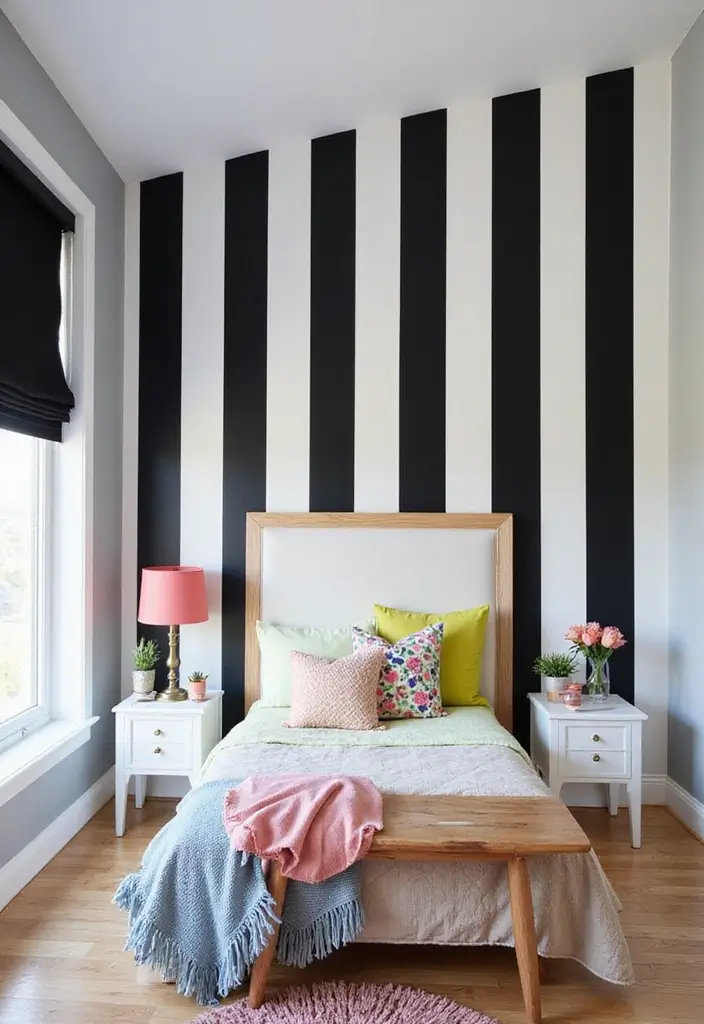 30 Black and White Bedroom Ideas for Teens That Are Bold & Balanced - 1. Bold Striped Walls