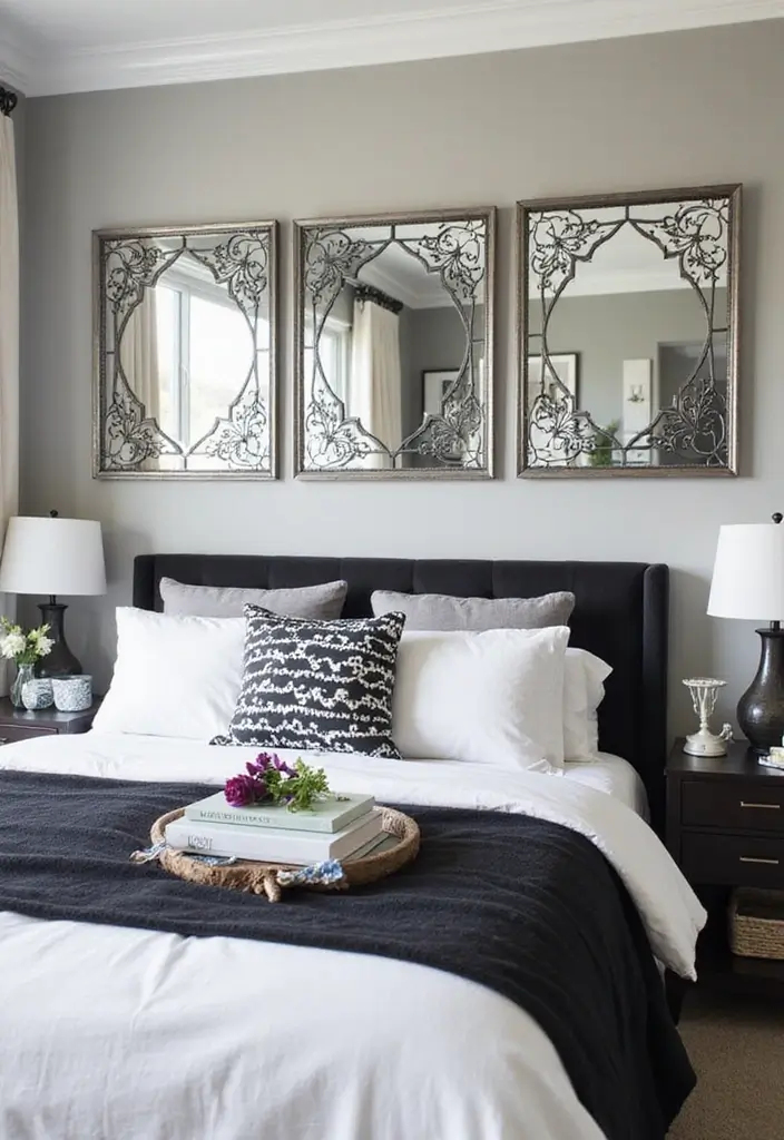 30 Black and White Bedroom Ideas for Teens That Are Bold & Balanced - 26. Artistic Mirrors