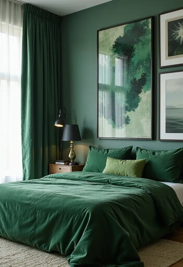 30 Green Velvet Bedroom Ideas That Feel Luxurious and Bold - 12. Green Velvet Art