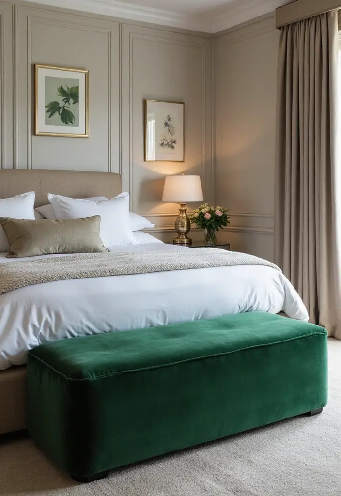 30 Green Velvet Bedroom Ideas That Feel Luxurious and Bold - 19. Green Velvet Bed Benches
