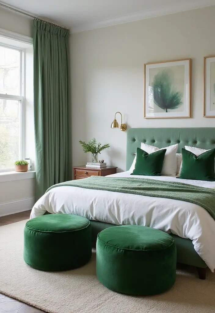 30 Green Velvet Bedroom Ideas That Feel Luxurious and Bold - 26. Green Velvet Poufs
