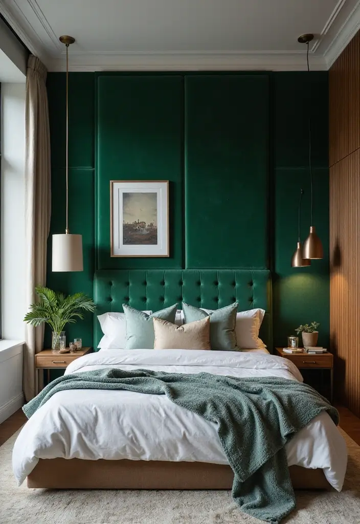 30 Green Velvet Bedroom Ideas That Feel Luxurious and Bold - 7. Green Velvet Accent Wall