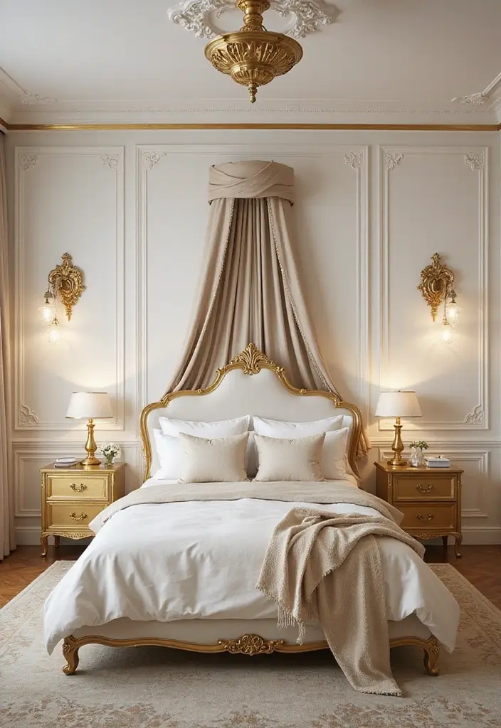 30 Princess Bedroom Ideas for Women That Feel Dreamy & Elegant - 28. Timeless Gold Accents
