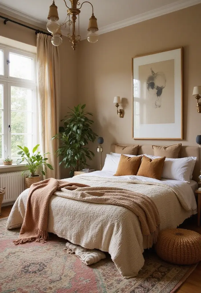25 Beige Wall Bedroom Ideas That Add Warmth and Sophistication - 2. Boho Chic Vibes