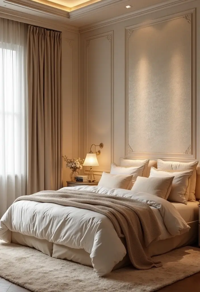 25 Beige Wall Bedroom Ideas That Add Warmth and Sophistication - 20. A Touch of Glam