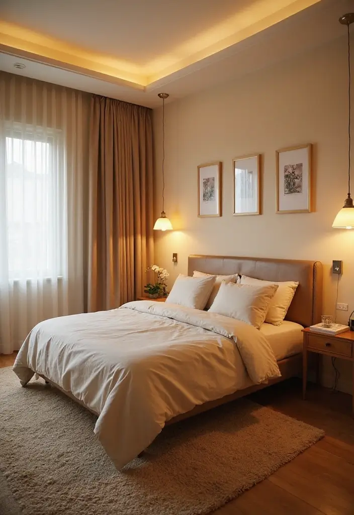 25 Beige Wall Bedroom Ideas That Add Warmth and Sophistication - 21. Layered Lighting