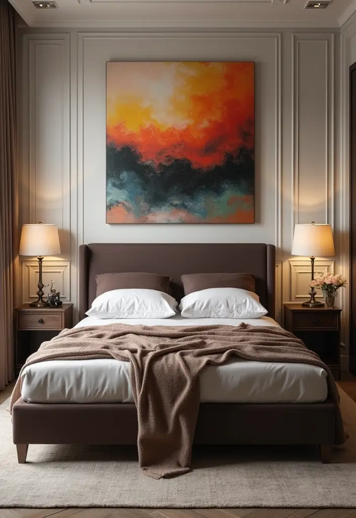 25 Dark Brown Bed Frame Bedroom Ideas That Look Solid and Stylish - 11. Statement Art for a Focal Point