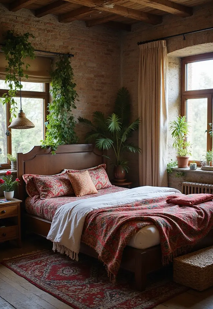 25 Dark Brown Bed Frame Bedroom Ideas That Look Solid and Stylish - 17. Bohemian Flair with a Dark Frame