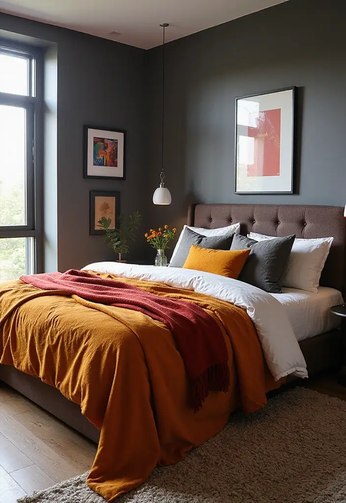 25 Dark Brown Bed Frame Bedroom Ideas That Look Solid and Stylish - 21. Contemporary Influence with Bold Hues