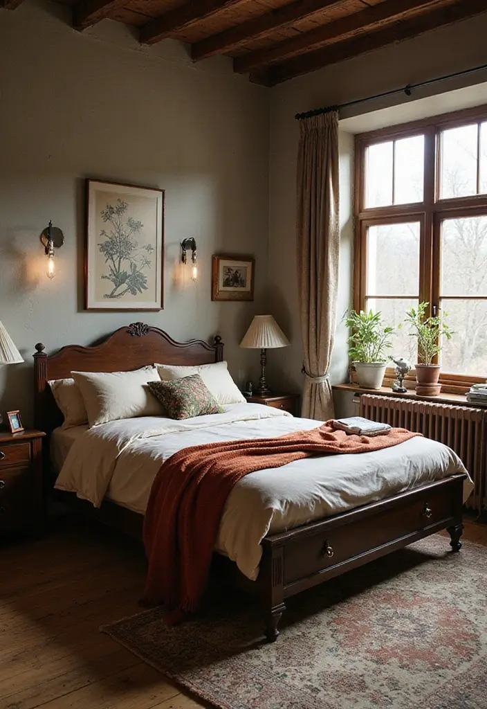 25 Dark Brown Bed Frame Bedroom Ideas That Look Solid and Stylish - 25. Vintage Finds for Unique Charm