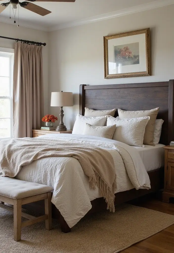 25 Dark Brown Bed Frame Bedroom Ideas That Look Solid and Stylish - 5. Cozy Farmhouse Vibes