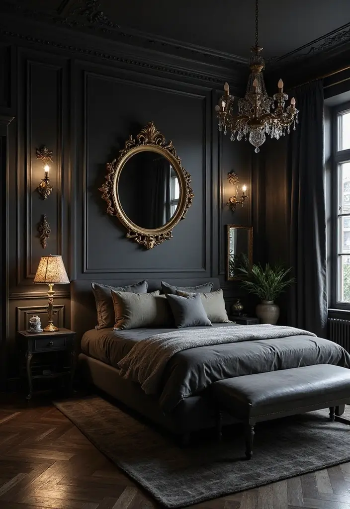 30 Black Bedroom Set Decor Ideas That Scream Luxury - 13. Reflective Surfaces