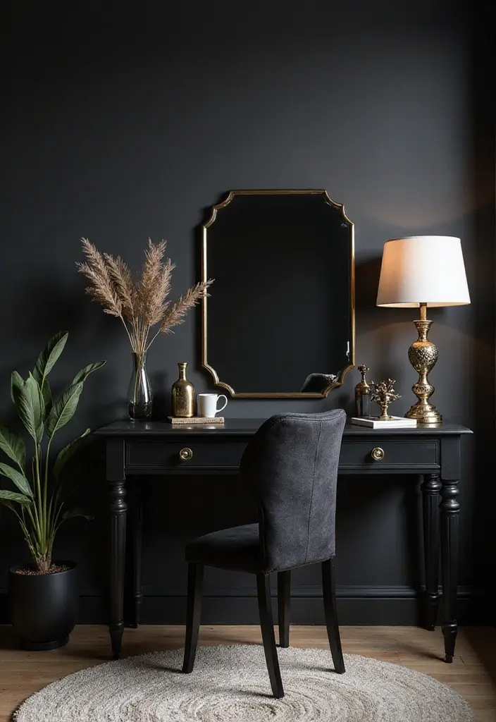 30 Black Bedroom Set Decor Ideas That Scream Luxury - 19. Elegant Vanity Area