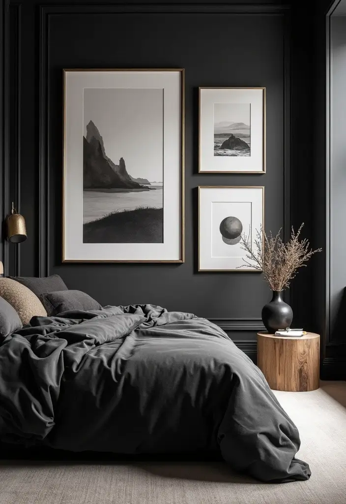 30 Black Bedroom Set Decor Ideas That Scream Luxury - 2. Elegant Wall Art