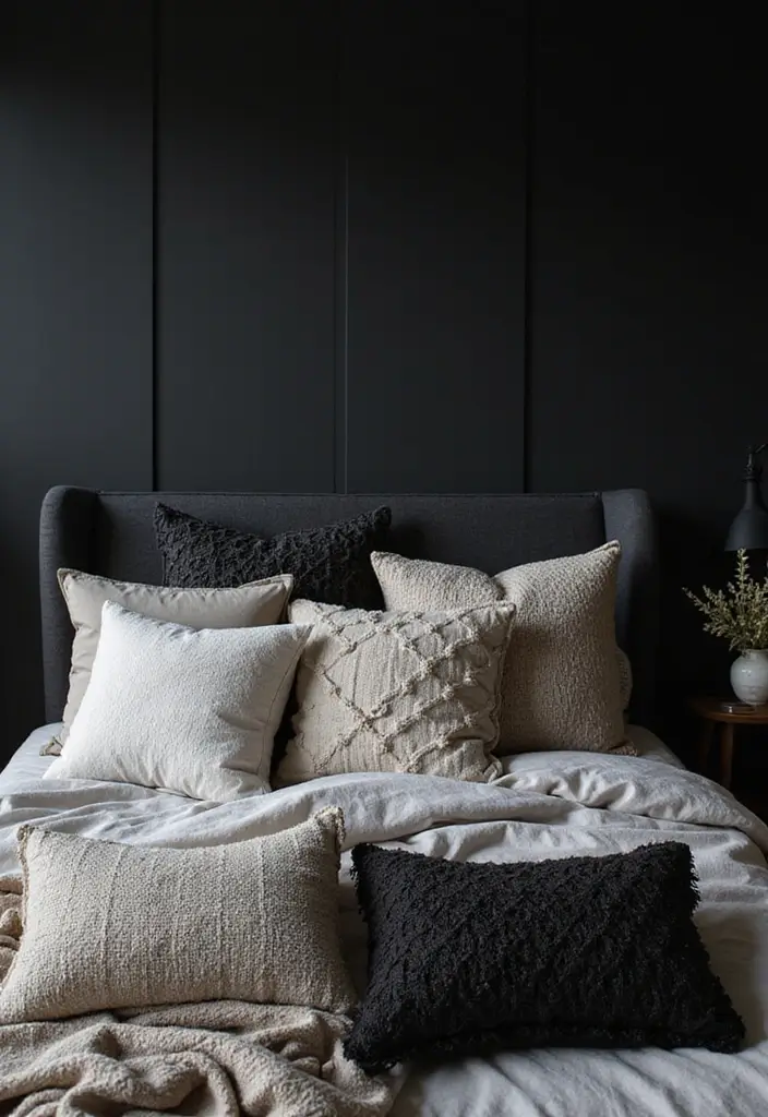 30 Black Bedroom Set Decor Ideas That Scream Luxury - 24. Textured Throw Pillows