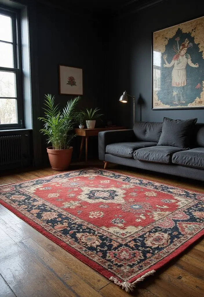 30 Black Bedroom Set Decor Ideas That Scream Luxury - 26. Statement Rugs